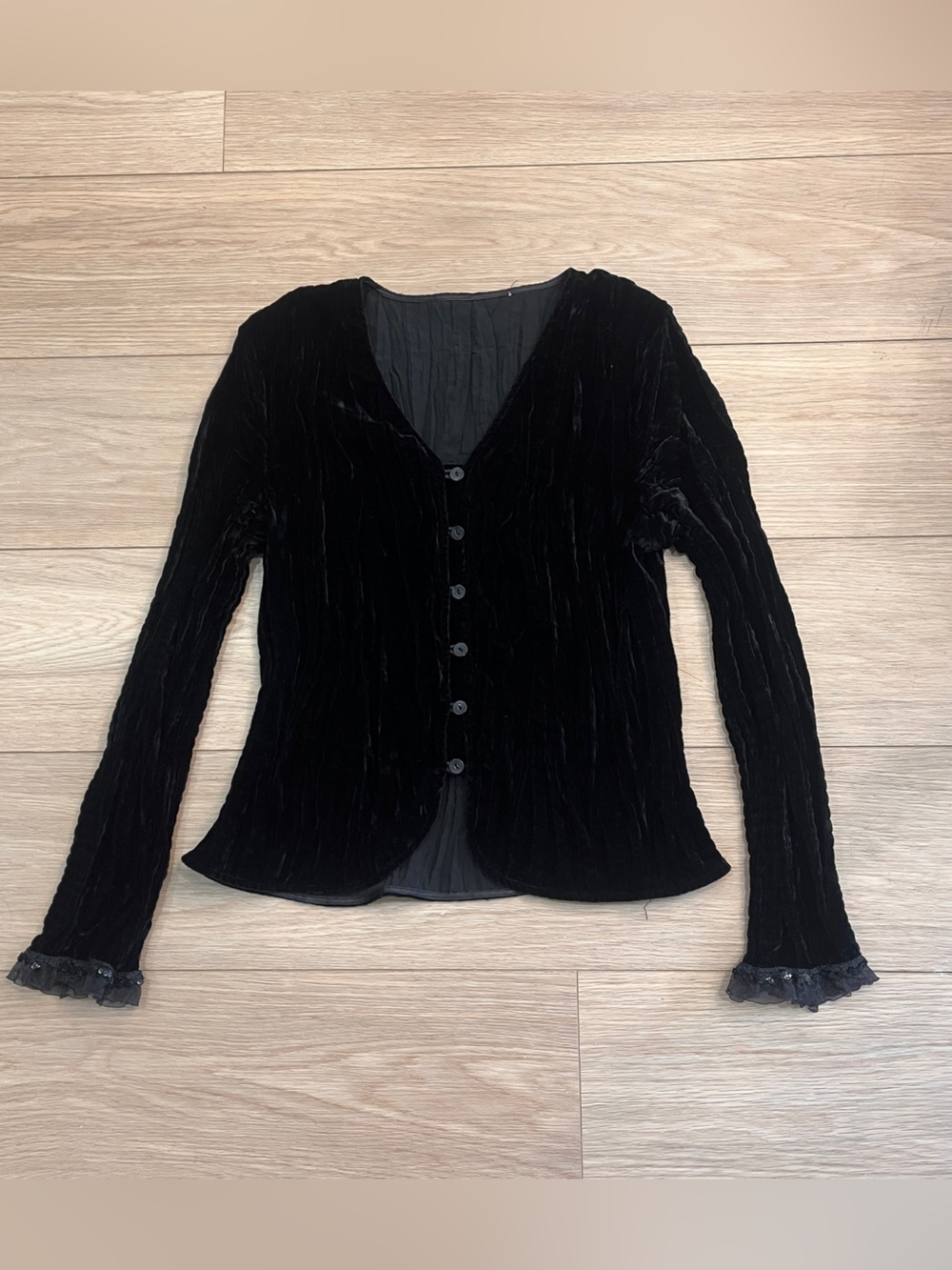 Y2K Black Velvet Cardigan Sheer Mesh Sequin Ruffle Bell Sleeve Top Whimsygoth S